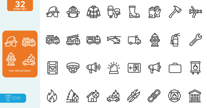 Fire department Vector illustration line editable icon set. Containing fire, fire hose, firefighter, extinguisher, fire engine, sprinkler system, burning house, and more. on white background.