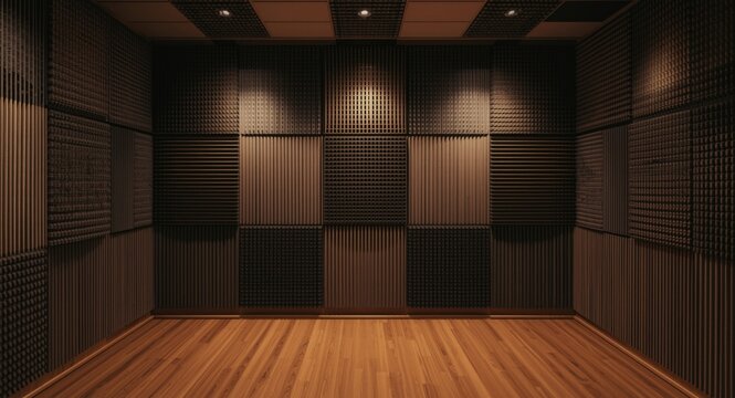 Recording studio with acoustic foam panels and professional lighting against textured soundproof wall background