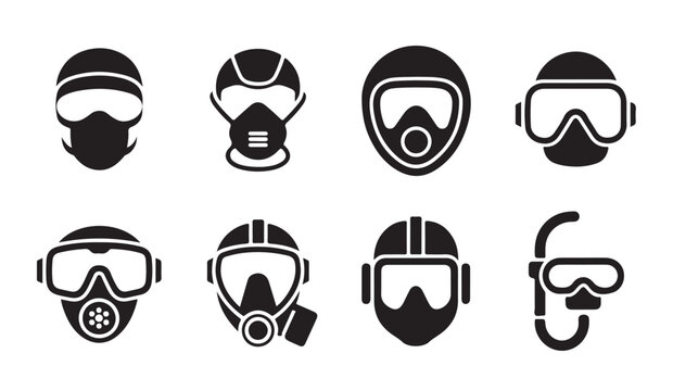 Protective face masks and safety respirators icons for industrial and medical application.