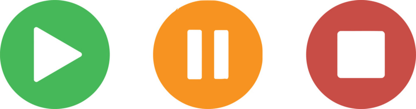 Play pause and stop media control buttons in green orange and red circles