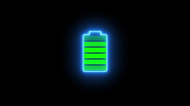 Neon blue battery charging animation with green bars on black background