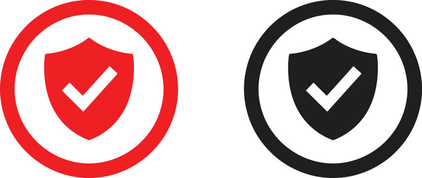 Red and black shield icons with check marks for security and verification symbols