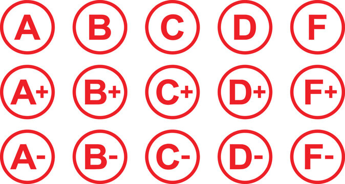 Set of academic school letter grades a to f with plus and minus signs in red circles