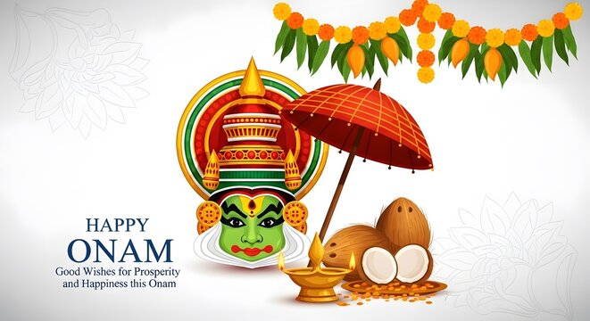 Onam festival illustration traditional kerala decor with kathakali face parasol coconuts and marigold garland