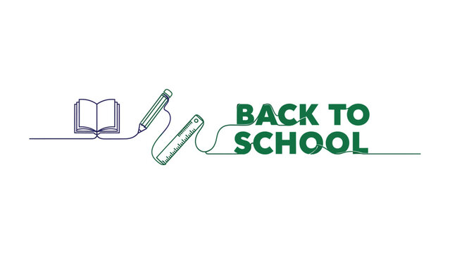 Back to School Banner with School Supplies: An artistic representation of Back to School with an open book, pencil, and ruler connected by a flowing line.