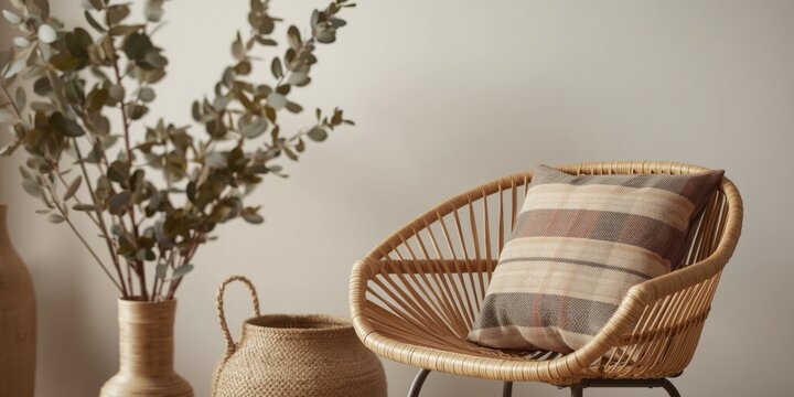 Minimalist home d&Atilde;&copy;cor highlighting eucalyptus themed accessories and rattan armchair with plaid cushion
