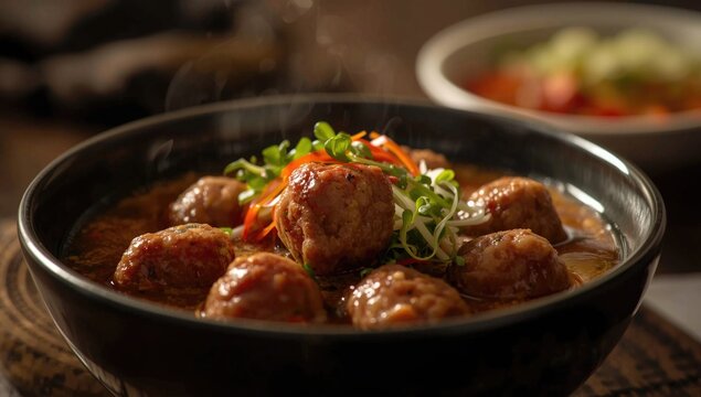 Tempting bowl of bakso with succulent meatballs and garnishes