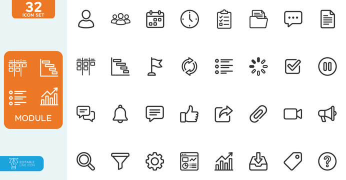 Module Vector illustration line editable icon set. It included unit, block, api, product and more icons. on white background.