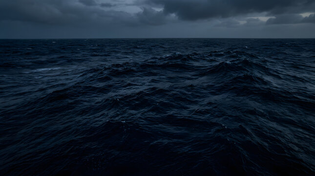 Stormy Seas and Foreboding Sky: A vast expanse of dark, turbulent ocean under a dramatic, cloud-laden sky. The churning waves hint at an approaching storm.