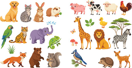 Obraz premium Big animal vector set with farm pet and wild creatures isolated on white background
