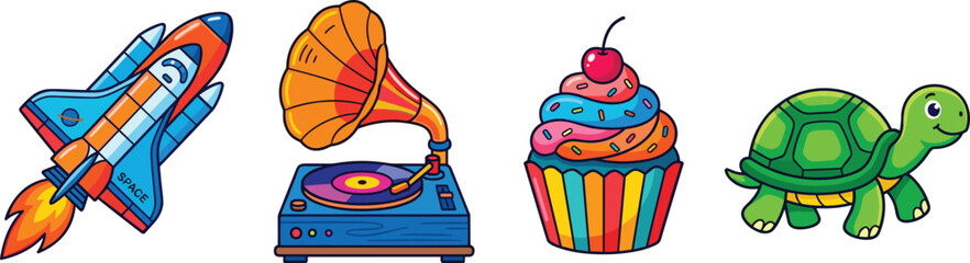 Cute Cartoon Icon Elements Set Featuring Space Rocket Ship Vintage Gramophone Record Player Sweet Cupcake with Cherry and Green Turtle Vector Illustration © Ckd