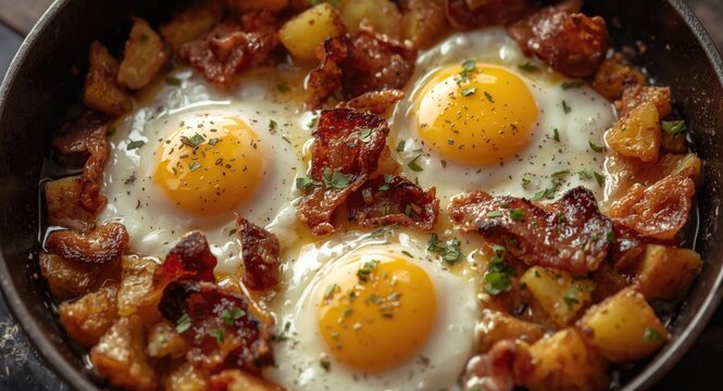 Savory Huevos Rotos with crispy potatoes and bacon in a rustic skillet
