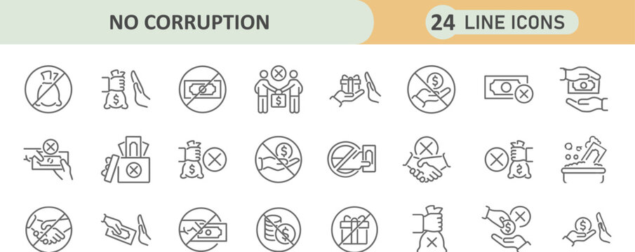 Anti corruption and ethics compliance thin line icon collection with corruption compliance business integrity government prohibition collection professional corporate administration security