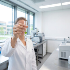 Fototapeta premium Scientist holding a test tube with a small green plant sprout in a modern laboratory, botanical research and ecology concept