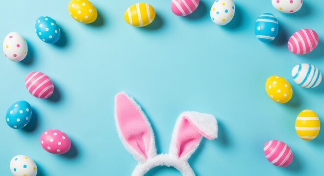 Easter eggs with colorful patterns and rabbit ears headband on a light blue background, top view