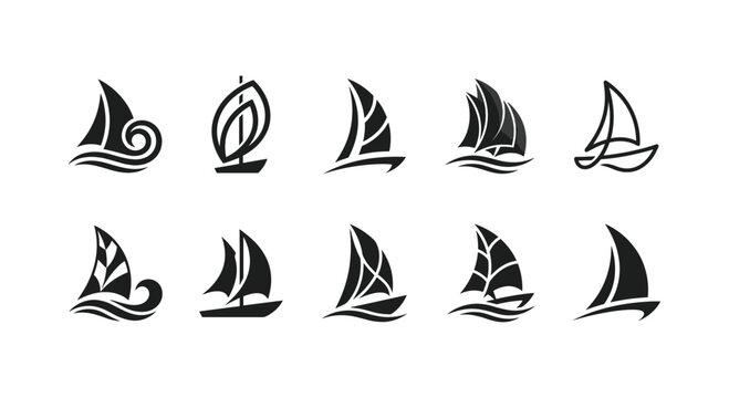 Ten abstract sailboat silhouette vector icon set vector