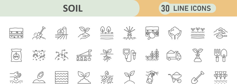 Set of 30 soil science and agriculture line icons with agriculture environment gardening fertility cultivation landscape ecosystem agronomy research nutrient sustainability conservation