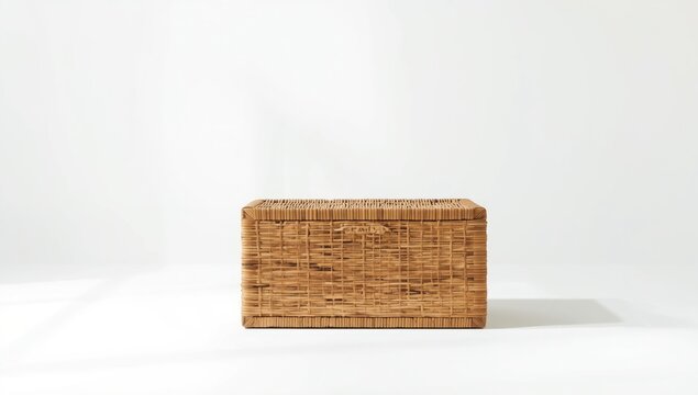 White backdrop highlighting a rustic bamboo woven storage box