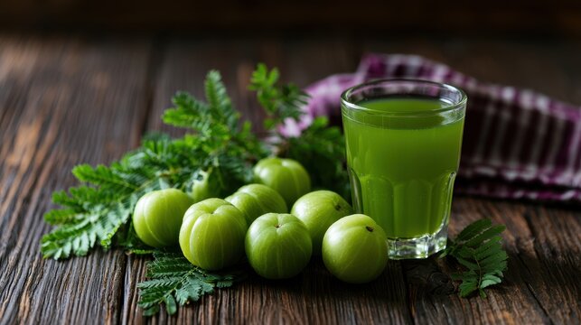 Amla juice in a glass with fresh amla berries and green leaves on a rustic wooden table