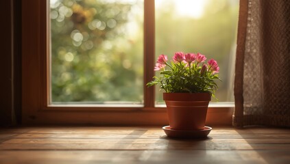 Fototapeta premium Wooden table detail with flower pot against a warm summer window bokeh background