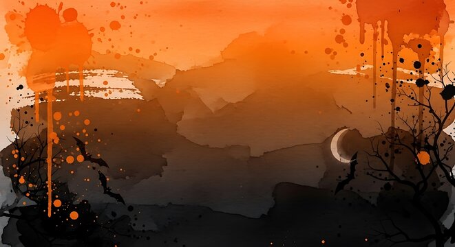 Spooky halloween watercolor background with bats and crescent moon
