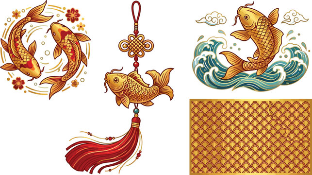 Chinese New Year Golden Koi Fish Vector Set with Traditional Mystic Knot Tassel Sea Waves Flowers and Oriental Scale Pattern Graphic Illustration