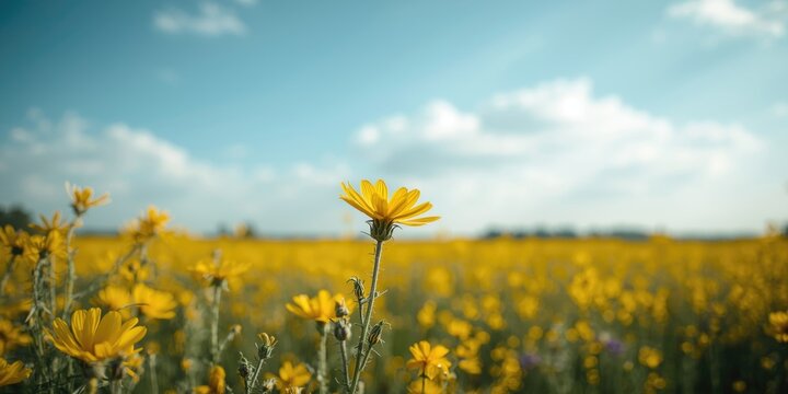 Vibrant yellow Sinapis arvensis flowers flourishing in open field with clear sky and ample copy space