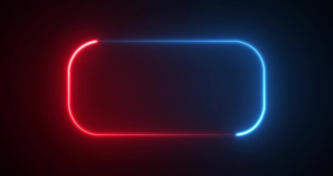 Neon glowing rounded rectangle picture frame icon animation. Glowing two color neon box round shape screen rotation border frame on a black background
