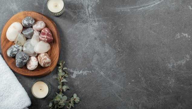 Flat lay arrangement of a wooden platter with bath salt spa stones candles and a towel on a dark background