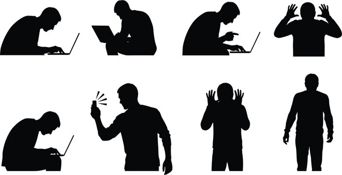 Silhouettes set of men typing on laptops, staring at smartphones with bad hunchback posture, and reacting with shocked hand gestures