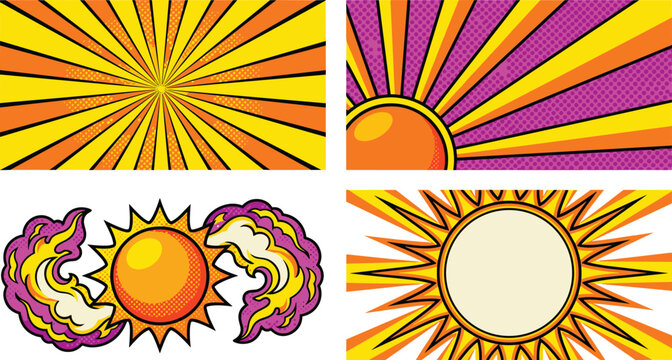 Retro Pop Art Sunburst and Sun Rays Comic Background Vector Set with Colorful Halftone Patterns and Sunrise Graphic Design Elements
