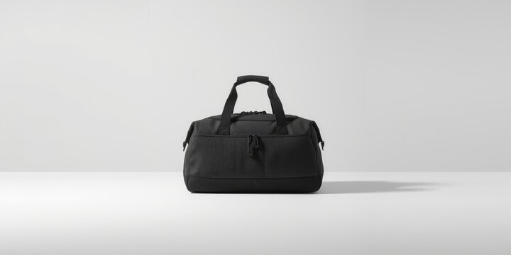 Heavy canvas black duffle bag on a white surface with wide empty copyspace for branding and travel gear