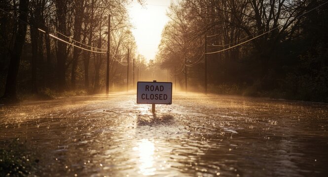Flooded street with sunlit road closed warning sign in rising waters