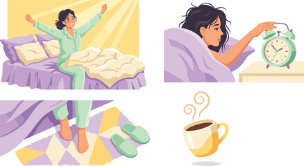 Fototapeta premium Morning Routine and Waking Up Vector Concept Set with Woman Stretching in Bed Turning Off Alarm Clock Coffee and To Do Checklist Illustration