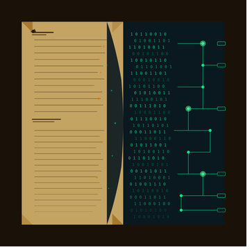 Minimalist paper scroll with futuristic binary code interface and digital network nodes background.