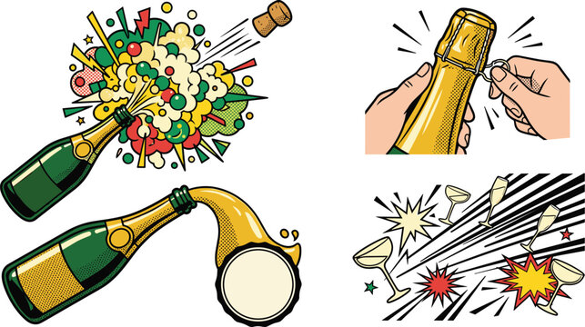 Retro Pop Art Champagne Celebration Vector Element Set with Popping Cork Exploding Foam Pouring Bottle and Flying Toasting Glasses Graphic Illustration