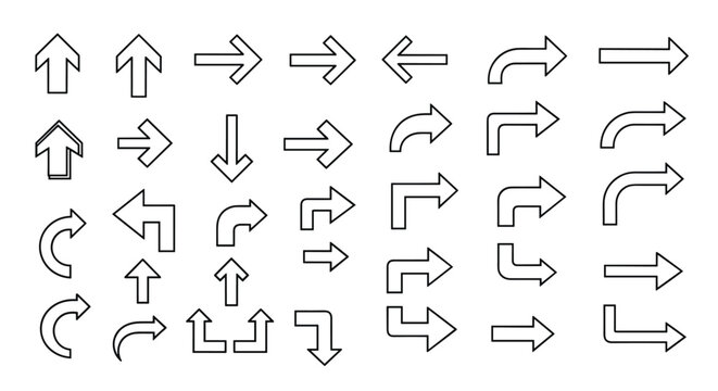 Comprehensive collection of various black outline arrow icons showing different directions and turns on a clean white background.