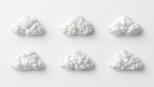 Unique set of eight cloud icons on a white background with white styling for design projects
