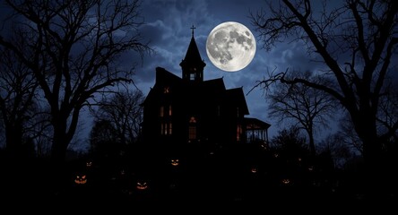 Fototapeta premium Spooky Halloween backdrop featuring haunted house silhouette under full moon with pumpkins and barren trees