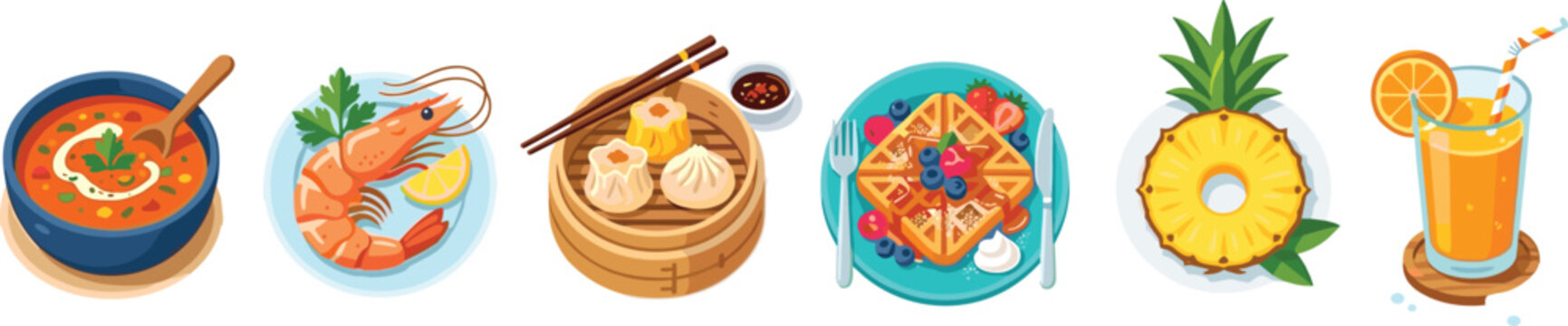 Vector Food and Drink Icon Set with Tomato Soup, Shrimp, Dim Sum, Waffles, Pineapple Slice, and Orange Juice Isolated on White Background