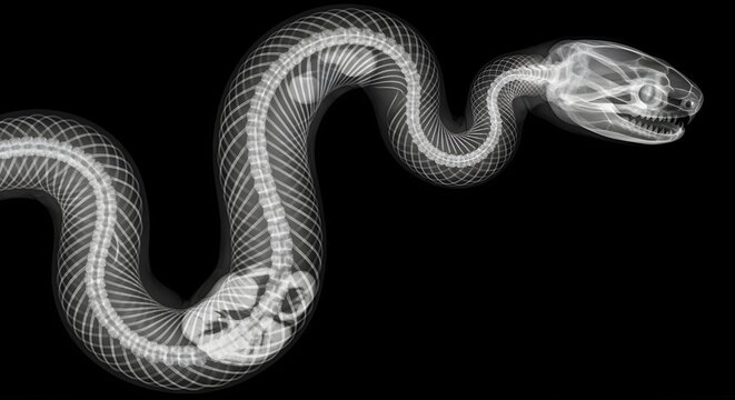 An intricate X-ray visualization showing the detailed skeletal structure of a coiled snake isolated against a stark black background