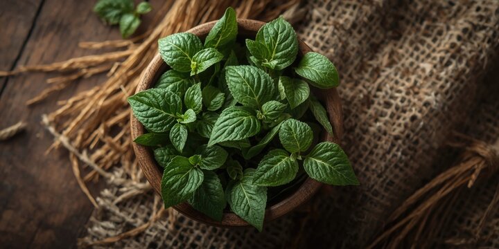 Medicinal patchouli leaves arranged in a wooden bowl featuring detailed textured backdrop
