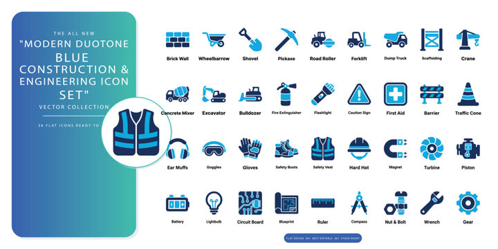 Elite premium duotone blue construction and engineering icon compendium featuring 36 masterfully engineered vector symbols including heavy machinery, structural tools and blueprint elements