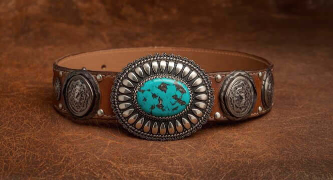 Silver concho belt with a large turquoise buckle on textured leather backdrop