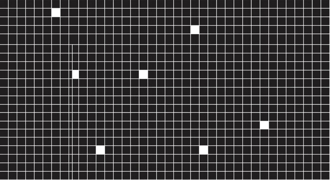 Abstract black and white grid pattern with several white squares randomly placed within a dense dark lattice structure.