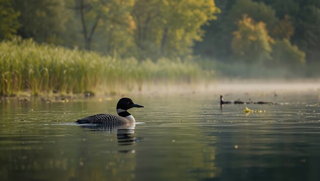 Relaxed common loon in full summer habitat on peaceful lake