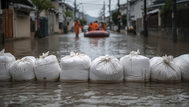 白い土のうを前景に日本人救助隊が浸水した街を進む風景