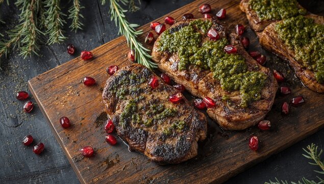 Wholesome holiday feast of kangaroo steak accompanied by fragrant green pesto and pomegranate jewels on a board