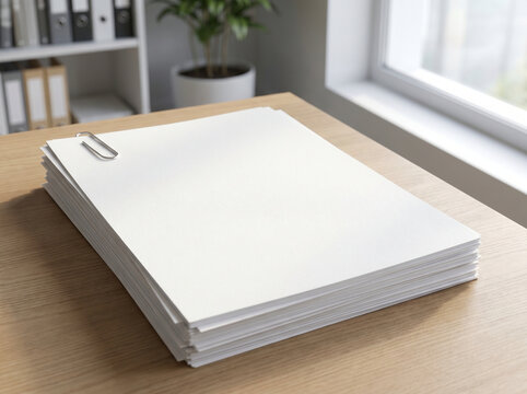 Clean blank paper stack with metal paperclip on office wooden desk mockup