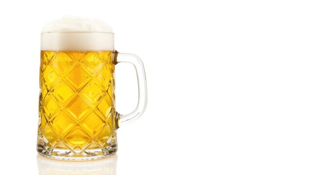 Large stein packed with fresh yellow beer and creamy froth on white background
